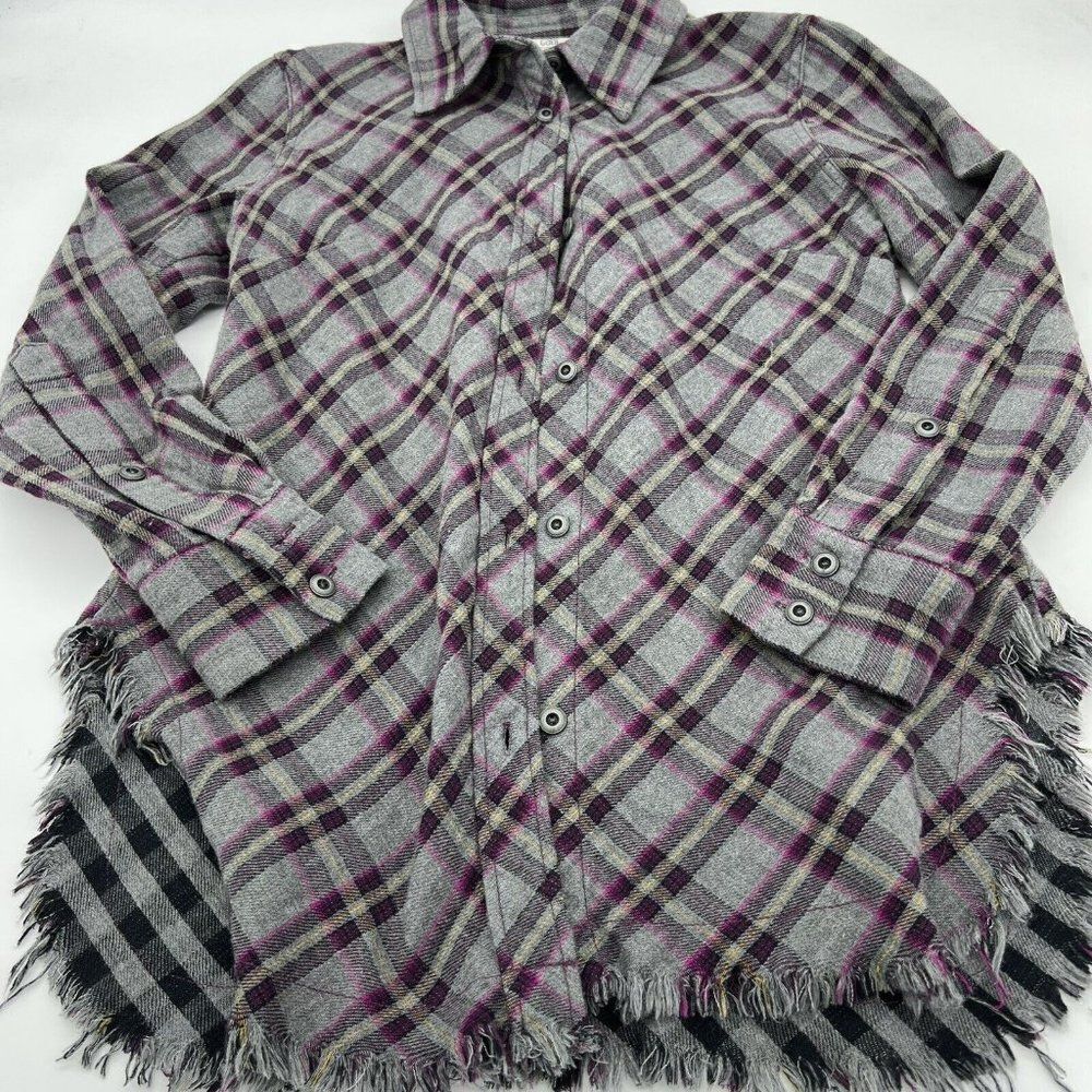 Cabi Highland Flannel Raw Hem Shirt Gray Purple Plaid Size XS 3946